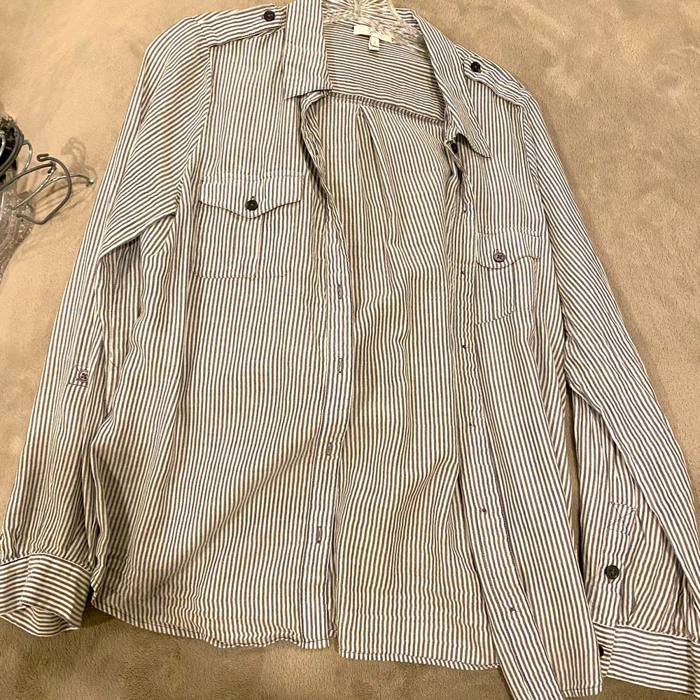 Joie button-up grey and white striped shirt